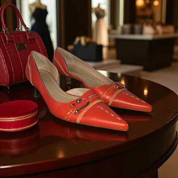 BCBG Max Azria Women’s Orange Leather Kitten Heels 9.5 / 40.5 Italy Pointed Toe - Picture 1 of 14